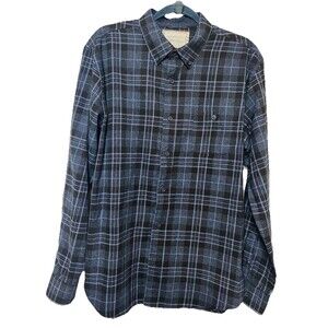 American Threads Button Down Shirt Men’s L Blue Black Plaid Outdoor Flannel Cozy